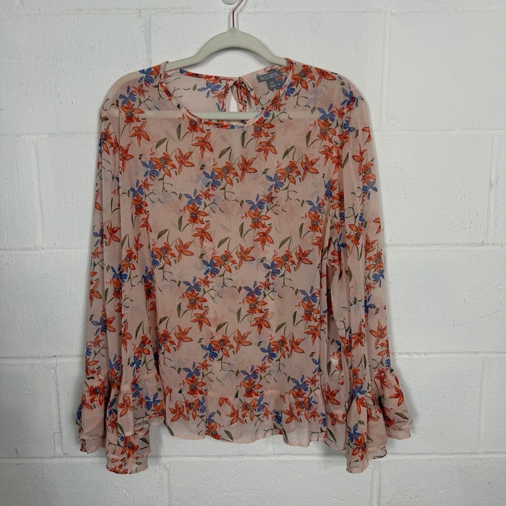 Falls Creek Floral Top Sheer Bell Sleeves Ruffle Fairy Feminine Ethereal SZ 2X